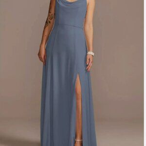 Marine Steel Blue Cowl Neck Chiffon Dress with Slit from David's Bridal sz 2
